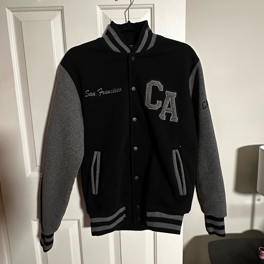 ocean beach ★ medium black/gray san francisco varsity jacket with embroideries